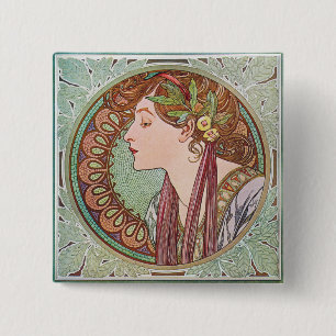 Alphonse Mucha Laurel Art Nouveau Square Button