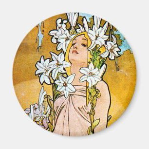 Alphonse Mucha - Lily - White Border Magneet