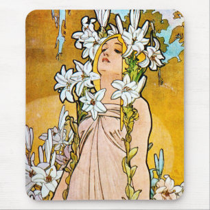 Alphonse Mucha - Lily - White Border Muismat