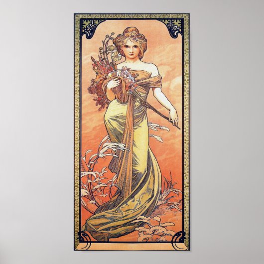 Alphonse Mucha Painting - Voman Holding Flowers Poster (Voorkant)