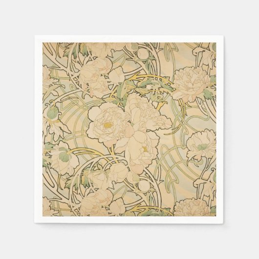 Alphonse Mucha Peonies Peony Rozen Fawn 1897 Servetten (Voorkant)