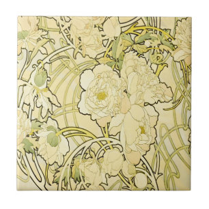 Alphonse Mucha Pioenrozen Art Nouveau Bloempatroon Tegeltje