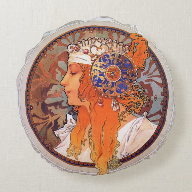 Alphonse Mucha Rond Kussen (Achterkant)