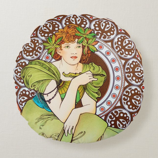 Alphonse Mucha Sierkussen Rond Kussen (Voorkant)