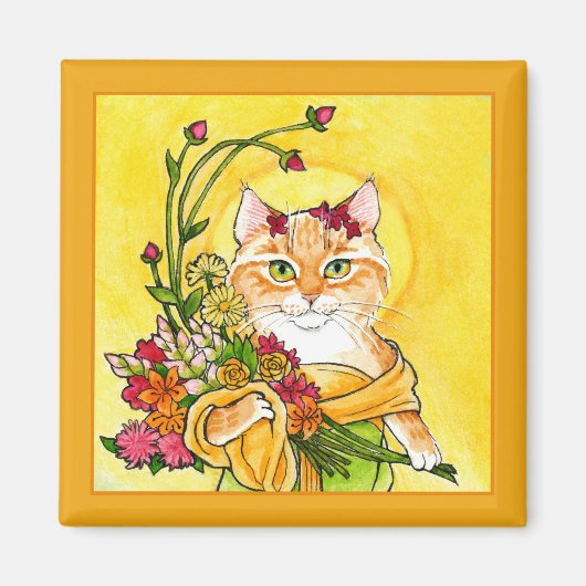Alphonse Mucha spoof Cat flower magnet Magneet (Voorkant)