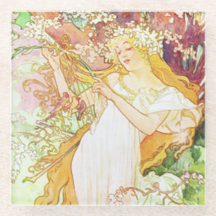 Alphonse Mucha Spring Floral  Art Nouveau Glazen Onderzetter