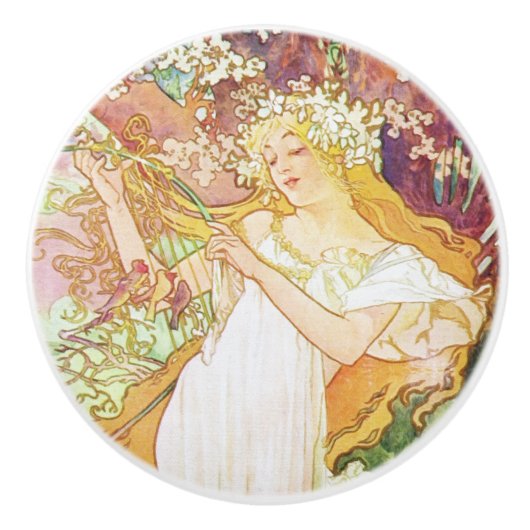 Alphonse Mucha Spring Floral  Art Nouveau Keramische Knop (Voorkant)