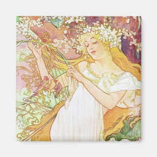 Alphonse Mucha Spring Floral  Art Nouveau Magneet