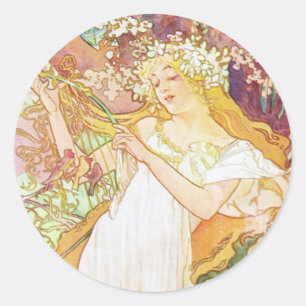 Alphonse Mucha Spring Floral  Art Nouveau Ronde Sticker
