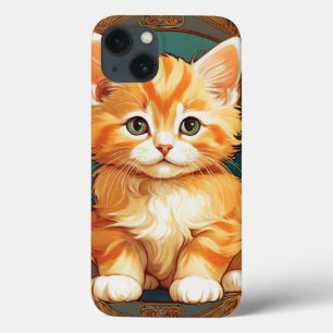 Alphonse Mucha Stijl Oranje Kat iPhone 13 Hoesje