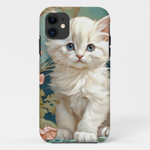Alphonse Mucha Stijl Witte Kat iPhone 11 Hoesje