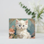 Alphonse Mucha Stijl Witte Kat Feestdagenkaart (Staand voorkant)