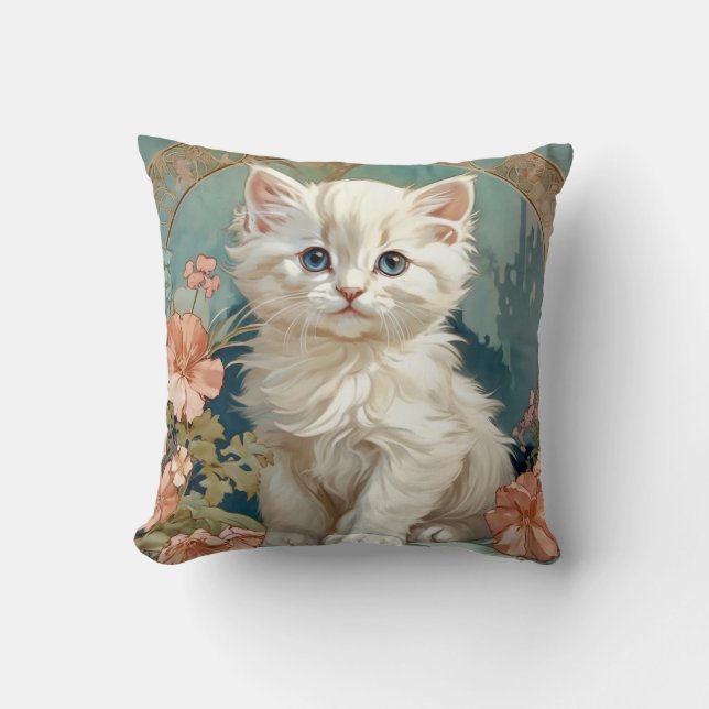 Alphonse Mucha Stijl Witte Kat Kussen (Voorkant)