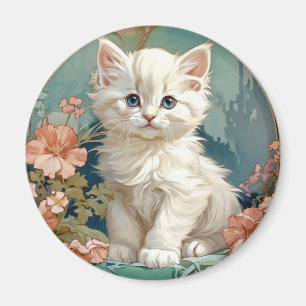 Alphonse Mucha Stijl Witte Kat Magneet