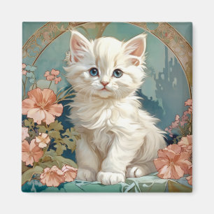 Alphonse Mucha Stijl Witte Kat, Perzische kitten k Magneet
