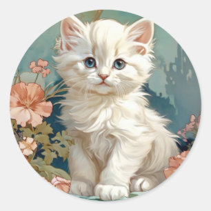 Alphonse Mucha Stijl Witte Kat Ronde Sticker