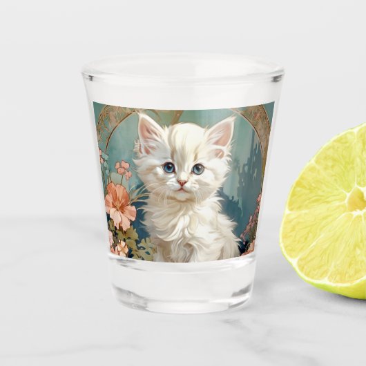 Alphonse Mucha Stijl Witte Kat Shot Glas (Voorkant)