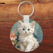 Alphonse Mucha Stijl Witte Kat Sleutelhanger (Voorkant)