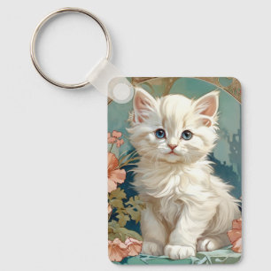Alphonse Mucha Stijl Witte Kat Sleutelhanger