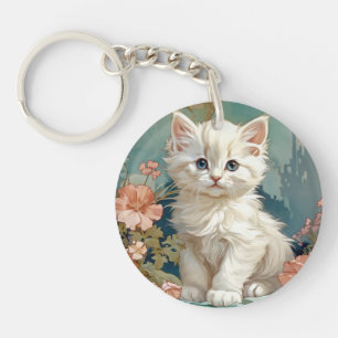 Alphonse Mucha Stijl Witte Kat Sleutelhanger