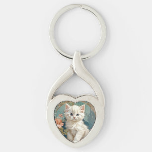 Alphonse Mucha Stijl Witte Kat Sleutelhanger