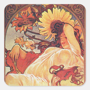Alphonse Mucha Sunflower Vierkante Sticker
