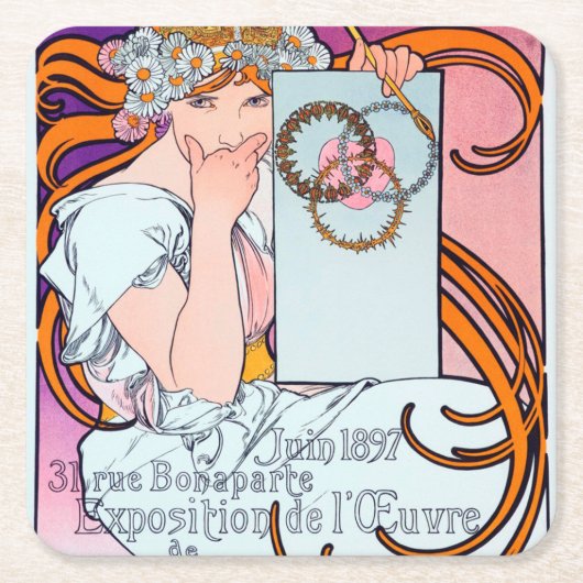Alphonse Mucha Vierkante Kartonnen Onderzetter (Voorkant)