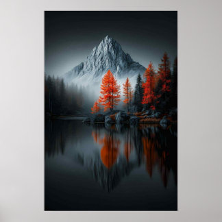 Alpien Contrast: Vurige Dennen bij het Meer Poster