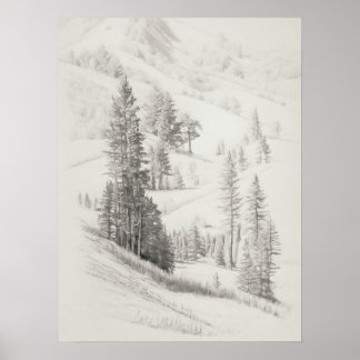 Alpiene bergen en bomen Sketch,  etsen, Poster