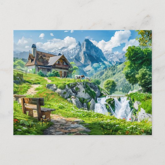 Alpine Cottage bij Mountain Waterfall Briefkaart (Voorkant)