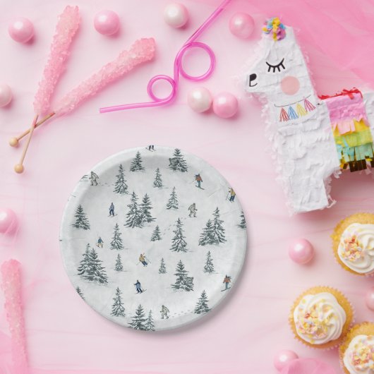 Alpineskiërs en Verborgen Yetis - Downhill Skiën Papieren Bordje (Feest)