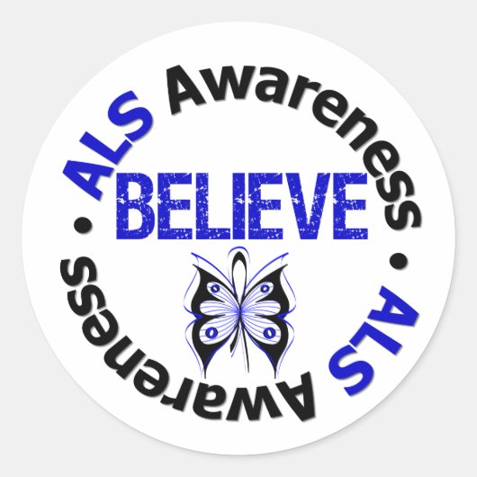 ALS Awareness Believe Butterfly Ribbon Ronde Sticker (Voorkant)