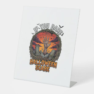 Als je durft Halloween Angst Zombie Hand Grafsteen Reclamebord Met Voetstuk