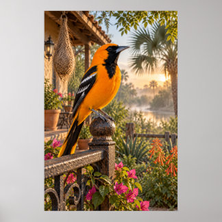 Altamira Oriole op een tuin patio bij zonsopgang – Poster