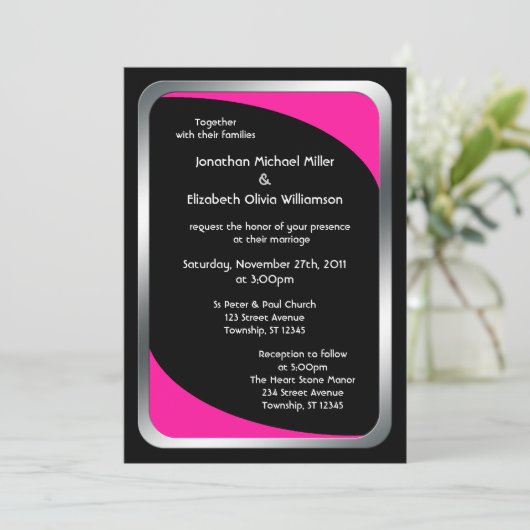Alternatief Zwart met Heet Roze Bruiloft Kaart (Staand voorkant)