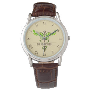 Alternatieve medische kaduceus Green Leaves Beige Horloge