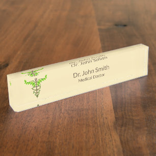 Alternatieve medische kaduceus Green Leaves Beige Naambordje