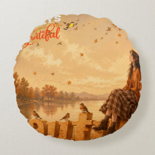 Altijd Dankbaar Herfst Meisje zittend op Herfst Rond Kussen
