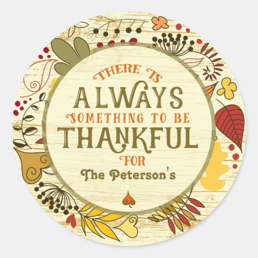 Altijd dankbare herfstblaadjes op rustiek hout ronde sticker (Voorkant)