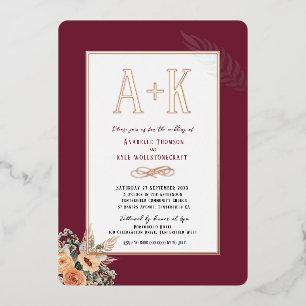 Aluminium Élégante invitation burgundy florale en feuille d'
