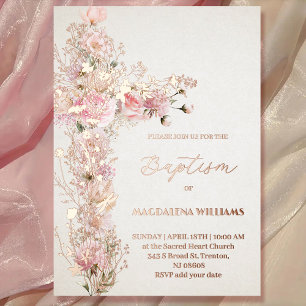Aluminium Fleurs roses Sainte croix Baptême Invitation en fe