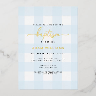 Aluminium Invitation de baptême en papier gingham bleu avec