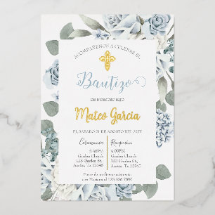 Aluminium Invitation de baptême florale bleue en espagnol