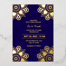 Invitation de mariage bleu et or en papier d'alumi