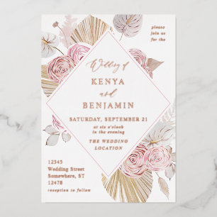 Aluminium Invitation de mariage florale boho rose en feuille