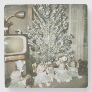  aluminium kerstboom met oud speelgoed stenen onderzetter