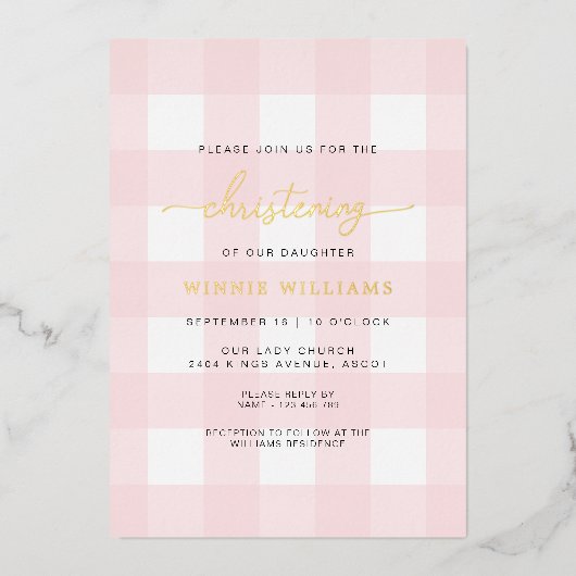 Aluminium Pink En vichy Christening Foil Invitation (Recto)
