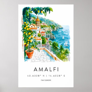 Amalfi Aquarel Vintage Poster Park Ski Reizen