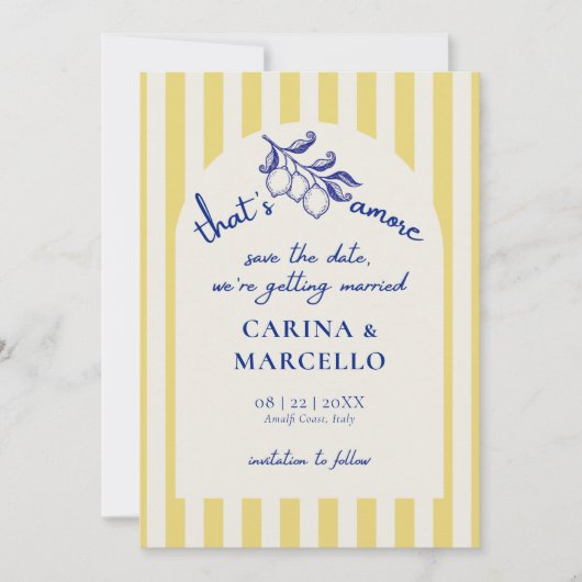 Amalfi Coast Amore Lemon Stripe Wedding Save The Date (Voorkant)