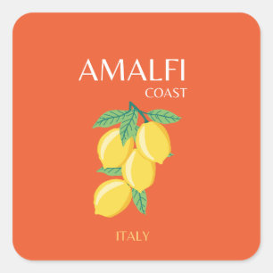 Amalfi Coast, Italië, Reiskunst, Retro, Oranje Vierkante Sticker